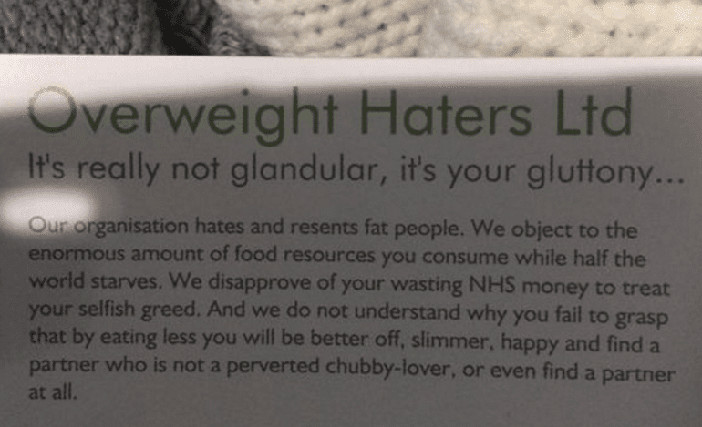 Karma came quickly for the idiots handing out “fat-shaming” cards to women on the tube