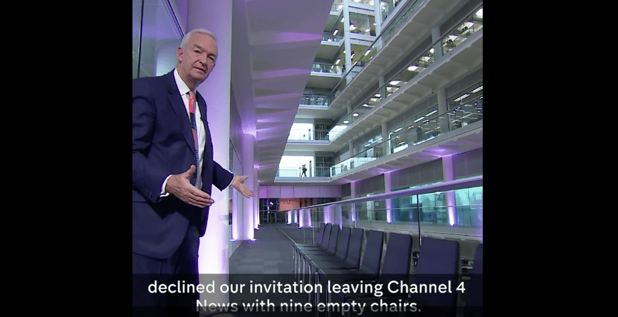 Jon Snow left to interview 9 empty chairs after Conservative MPs run from his questions (VIDEO)