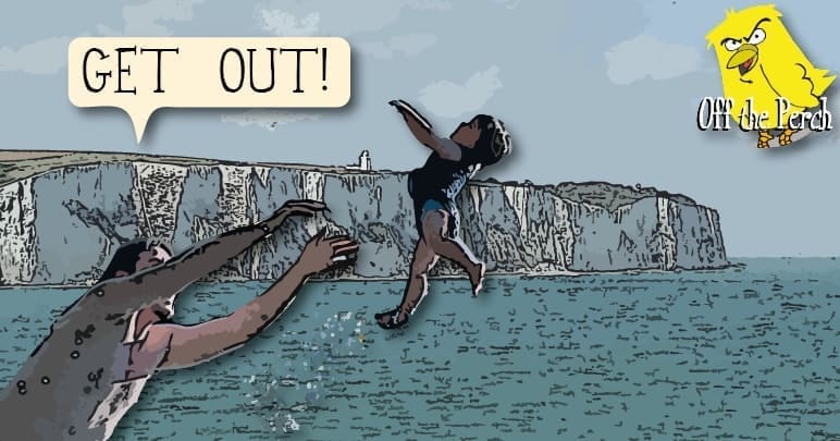 A man throwing a baby into the sea and shouting "GET OUT!"