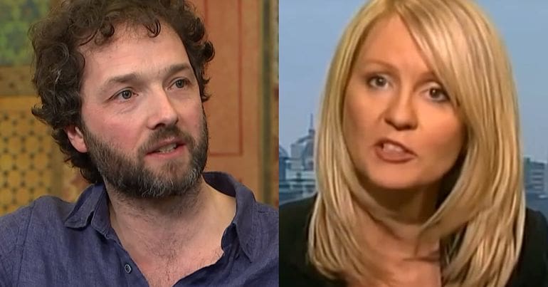 A split screen of Chris Addison and Esther McVey