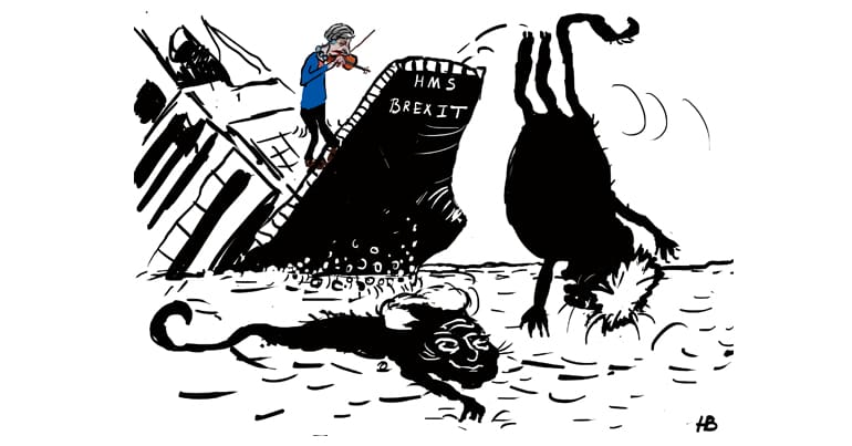 Theresa May plays a violin on the deck of the sinking HMS Brexit as 'rats' David Davis and Boris Johnson fall into the sea - Cartoon