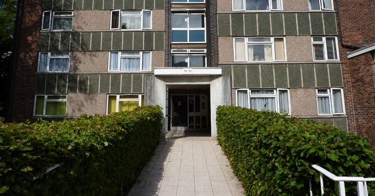 Entrance to social housing flats in Leamington Spa