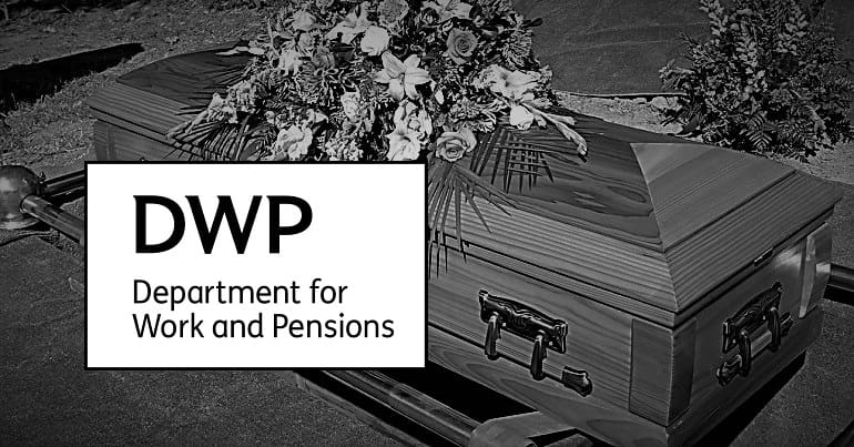 A coffin and the DWP logo