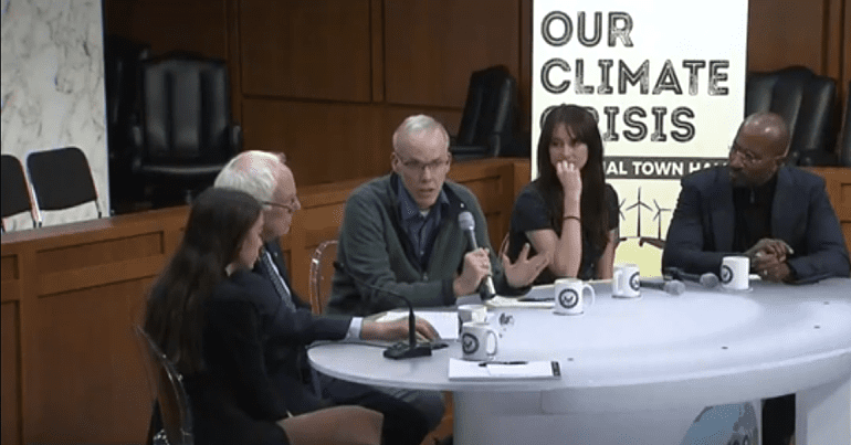 Bernie Sanders and Alexandria Ocasio-Cortez at Climate Change Town Hall, 3 December 2018