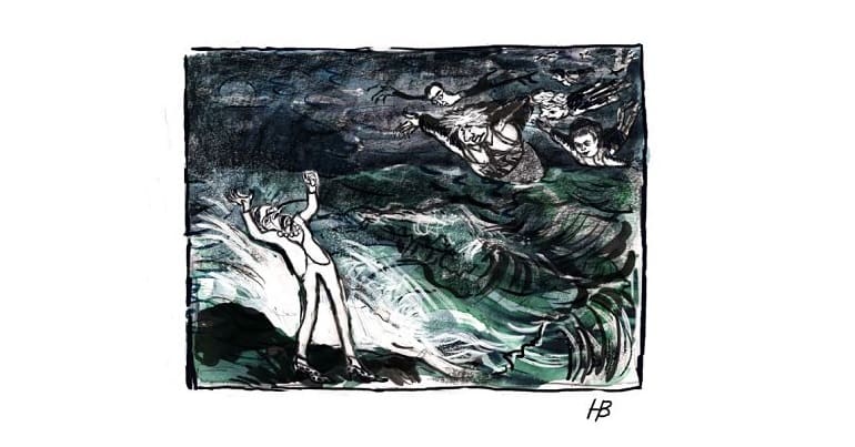 Theresa May roaring at the stormy sea with Brexiteers dive bombing at her