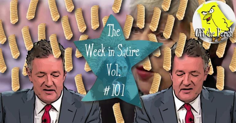 Piers Morgan being showered by vegan sausage rolls while Theresa May looks on