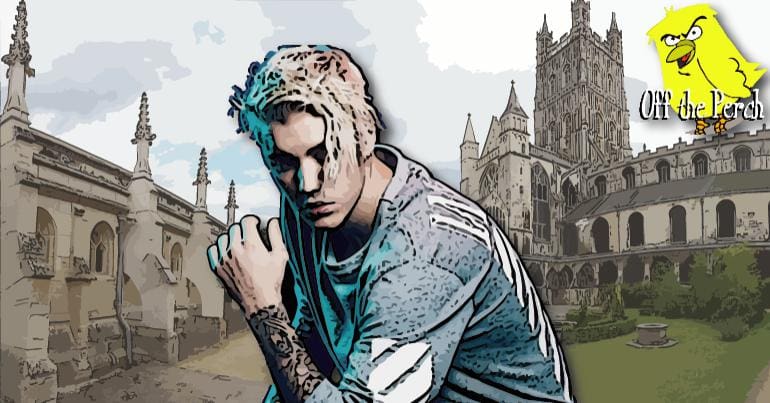 Justin Bieber in front of Gloucester Cathedral
