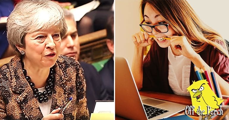 Theresa May and worried looking student OTP