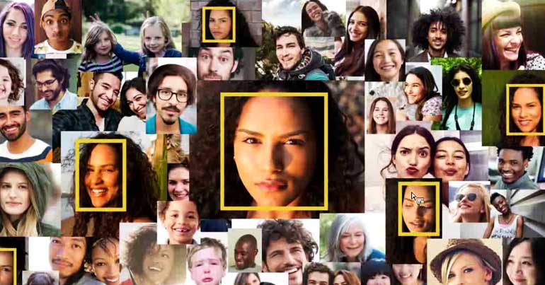 Montage of faces simulating Amazon's facial recognition software