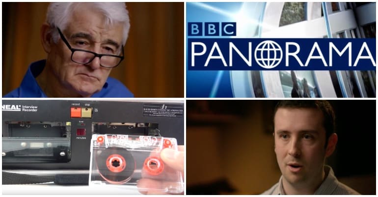 Panorama producer John Ware, next to the BBC Panorama logo. Also a picture of a tape recorder next to a picture of Ben Western featured in Panorama.