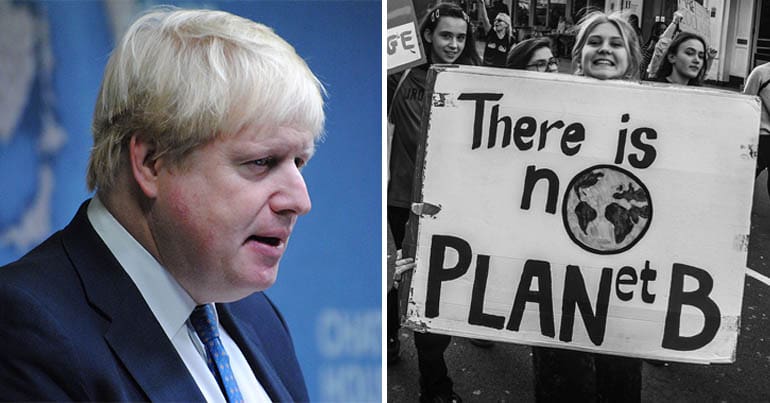 Boris Johnson and protester holding palacard reading "There is no planet B"
