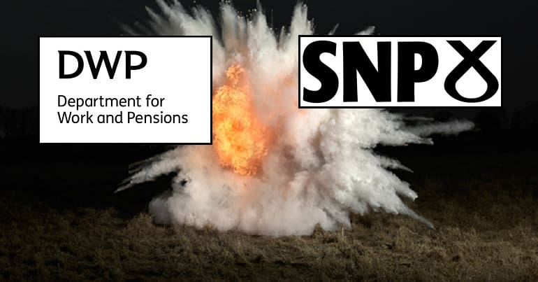 An explosion and the DWP and SNP logos