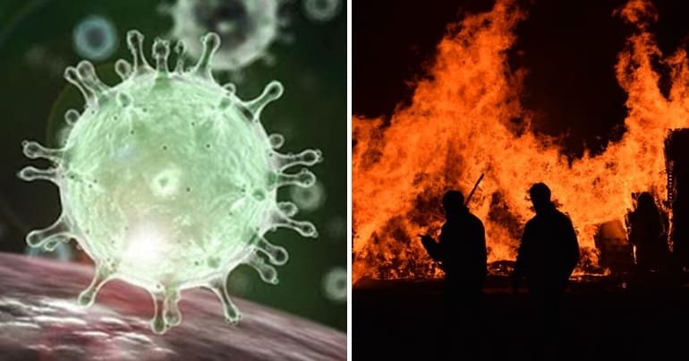 coronavirus and people walking past a large burning fire