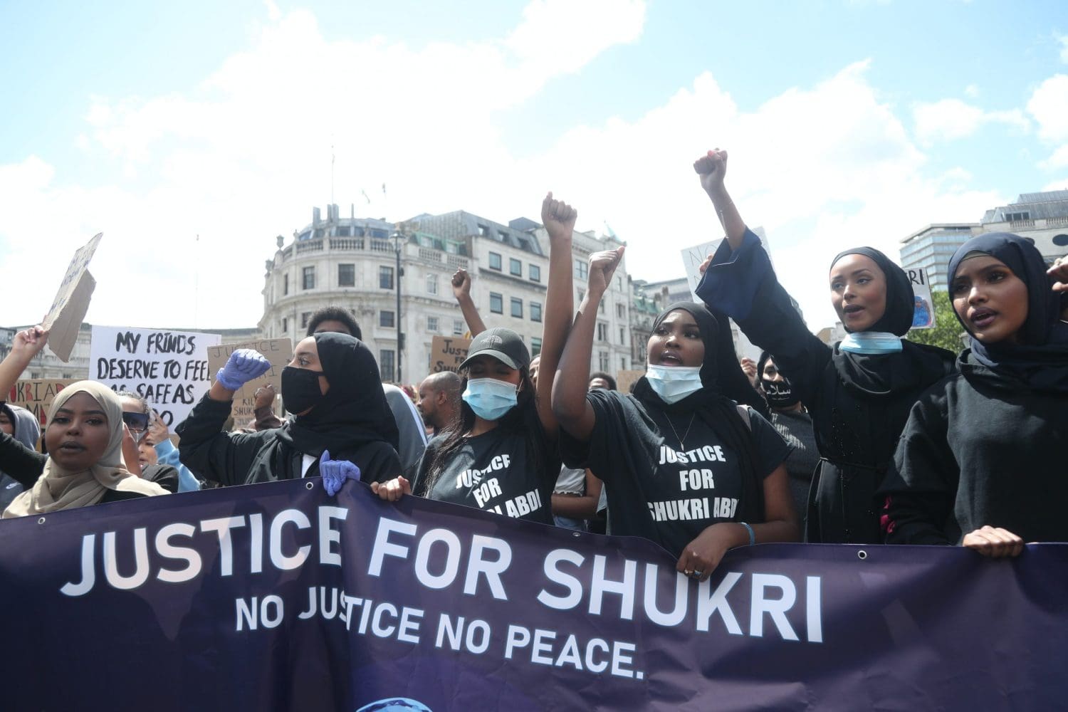 Demonstrators demand justice for 12 year old refugee Shukri Abdi in the wake of Black Lives Matter protests