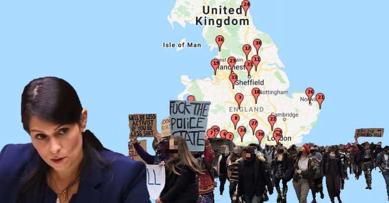 A map of the #KillTheBill demos Priti Patel and Protesters