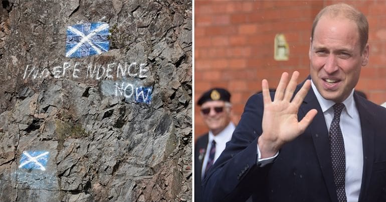 Scottish flag painted on a rock and English prince william
