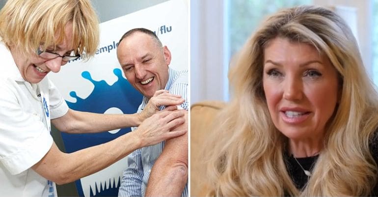 NHS nurse gives a jab to a patient and picture of Kate Shemirani