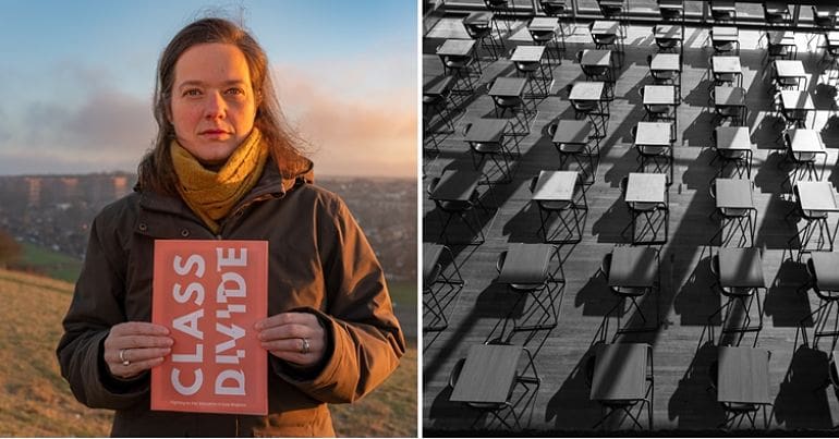 Carlie Goldsmith of Class Divide holding a sign saying Class Divide and empty exam desks and seats in an empty exam hall