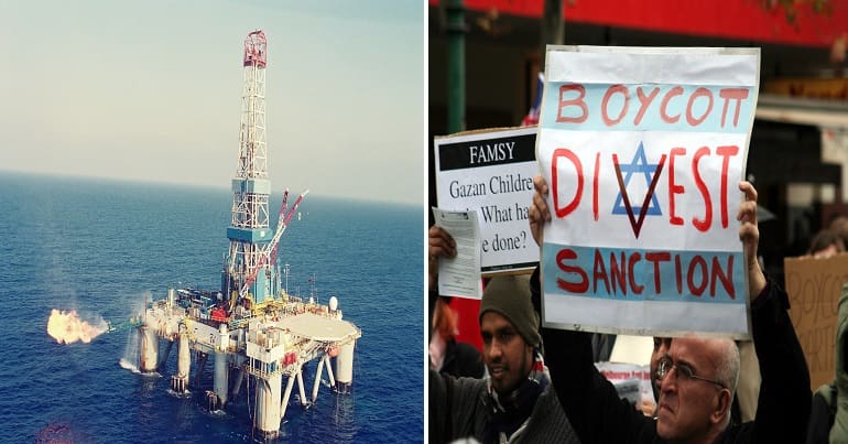 Gas rig off coast of Palestine and man holding a boycott Israel poster