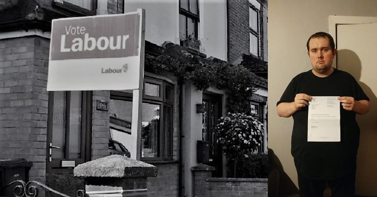 A vote Labour sign and Andrew Brogan holding a notice to quit