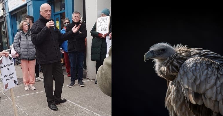 Tenant addressing the crowd and a vulture bird