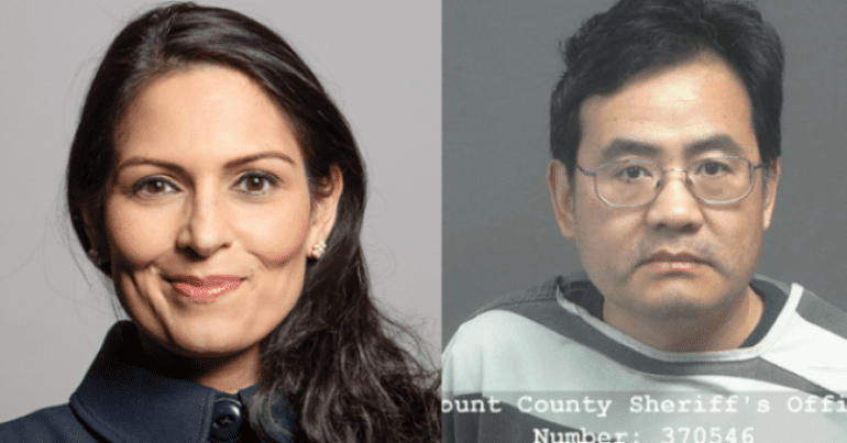 Home secretary Priti Patel alongside a researcher falsely accused of espionage