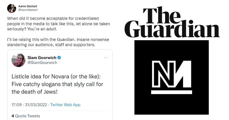 A tweet from Aaron Bastani and the Guardian and Novara Media logos