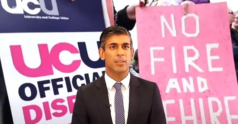 A UCU picket line with Rishi Sunak looking on