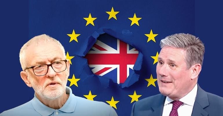 The EU and UK flags, Jeremy Corbyn and Keir Starmer