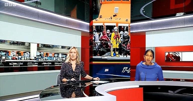 A still from BBC News at Six with Suella Braverman as co-presenter