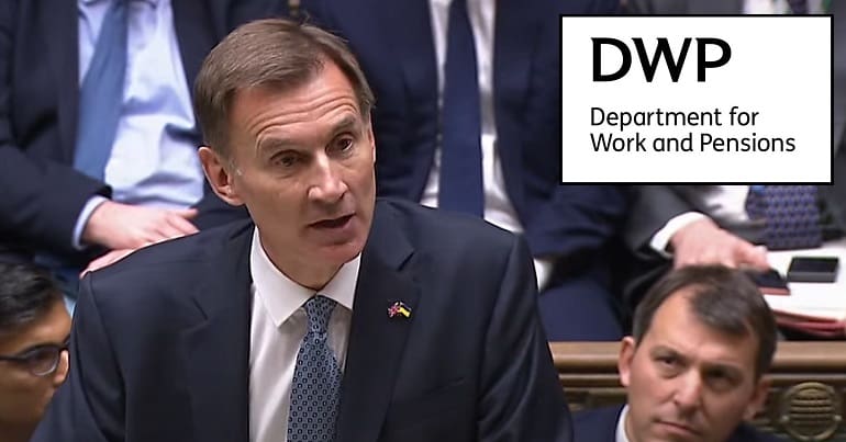 Jeremy Hunt announcing benefits changes and the DWP logo