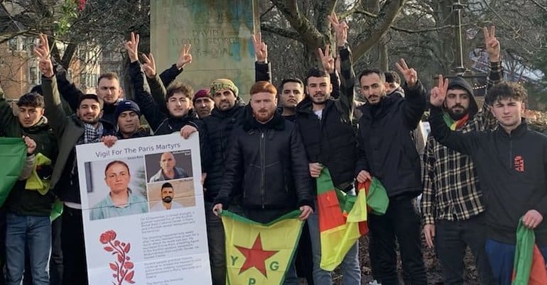 Demonstration in front of Lloyd George's statue in Cardiff