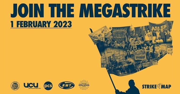 StrikeMap has made a poster for 1 February strikes by trade unions like the NEU strike