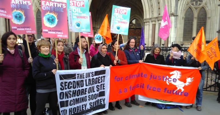 Campaigners outside the Court of Appeal during hearing for Surrey oil project case