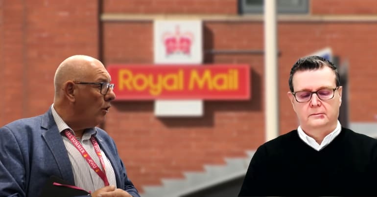 CWU head Dave Ward, the Royal Mail logo and its boss Simon Thompson