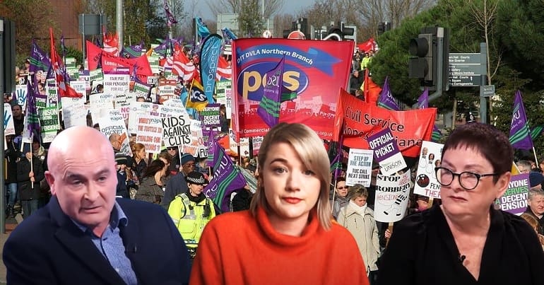 a picture of a trade union rally with RMT leader Mick Lynch, UCU leader Jo Grady and NEU leader Mary Bousted