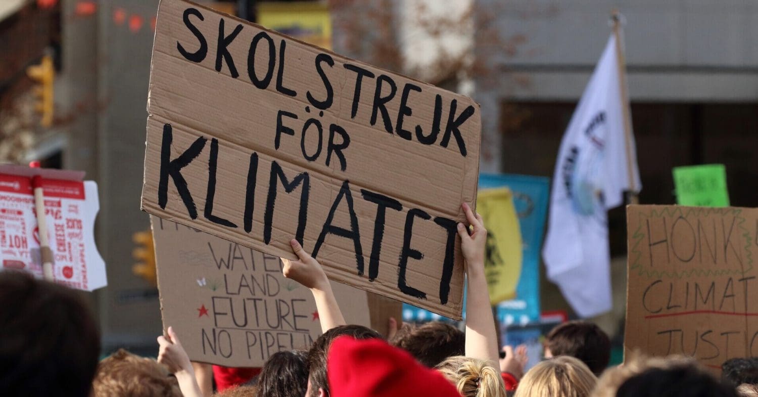 Young climate activists hold up placards in a crowd that state: skolstrejk for klimatet (school strike for climate).