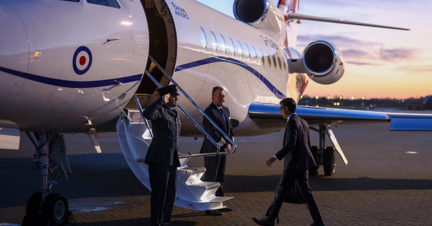 Prime minister Rishi Sunak boards an RAF jet