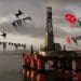 Offshore oil rig, with superimposed logos of BNP Paribas, HSBC, LLoyds Bank, and Natwest dripping in red and black Rosebank Israel
