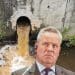 Thames Water boss Chris Weston looking up at a drain pouring out shit