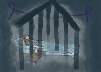 Illustration of a severely chronically ill women in bed. A house shape in watercolour surrounds her, with running paint in vertical lines reminiscent of prison bars. A purple domestic violence ribbon runs into a blue ME/long Covid ribbon, intersecting severe ME/CFS Australia