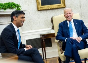 Joe Biden and Rishi Sunak laughing together in the Oval Office Trump Yemen