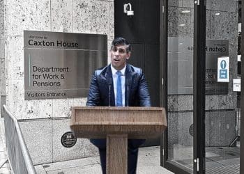 DWP Caxton House Rishi Sunak outside in the rain general election