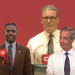 Labour leader Keir Starmer looking towards Clacton candidate Jovan Owusu-Nepaul, and a smirking Nigel Farage.