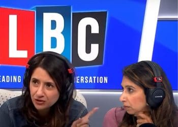 Sangita Myska on LBC pointing disapprovingly towards Suella Braverman.