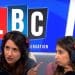 Sangita Myska on LBC pointing disapprovingly towards Suella Braverman.