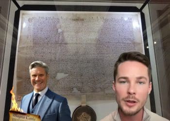 Magna Carta behind glass. Illustration of Keir Starmer torching it, and Alex Armstrong in the foreground.