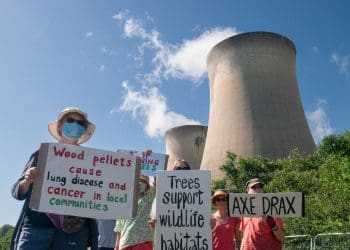 Climate protesters stand under enormous gas flue stacks at Drax power station near Selby, Yorkshire. They hold placards calling out the company's complicity. They read: "Wood pellets cause lung disease and cancer in local communities", "Trees support wildlife habitats" and "Axe Drax".
