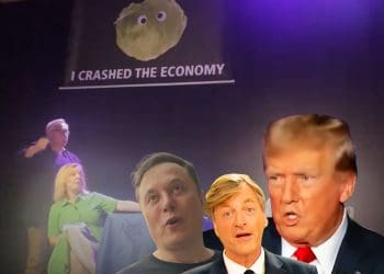 Liz Truss with the lettuce banner unfurling behind her saying "I crashed the economy". An orange Trump, Richard Madeley, and Elon Musk in front.