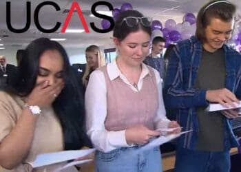 Three students opening A-level results with the UCAS logo universities